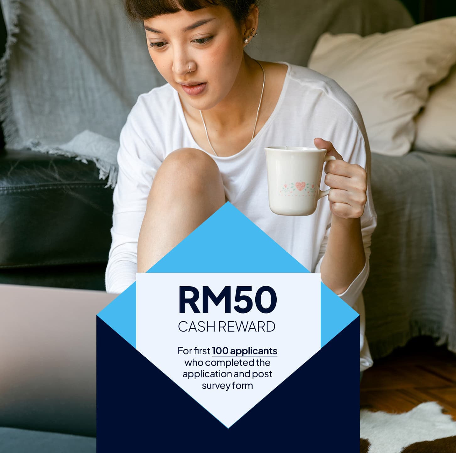 Advertises the RM50 cash reward for being one of the first 100 beta testers of UrbanVault who complete an application and survey. Backdrop shows an interested person looking at a laptop holding a drink.